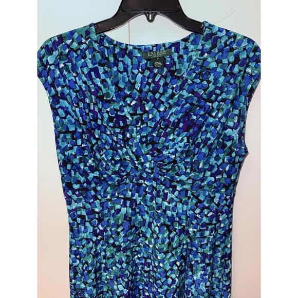 RALPH LAUREN V-NECK Cap Sleeve Fit Flare BLUE & AQUA KNIT Jersey DRESS Size 10 - Picture 5 of 9